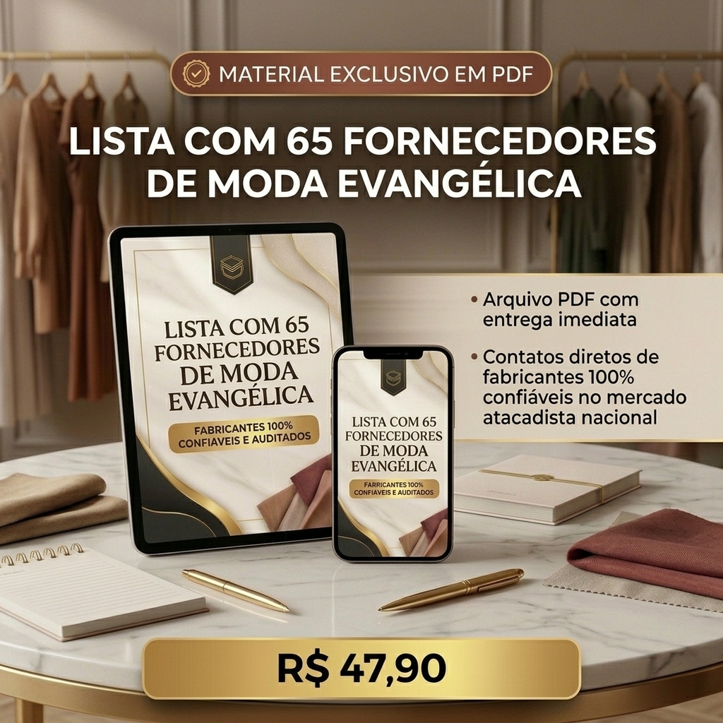 Capa do guia 65 Fornecedores de Moda Evangélica em PDF exibido em celular e tablet