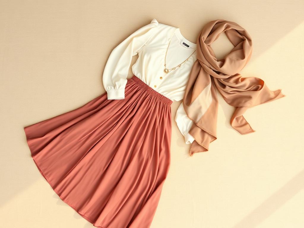 Peças de moda evangélica modesta: saia midi, blusa e acessórios em tons rosé e creme